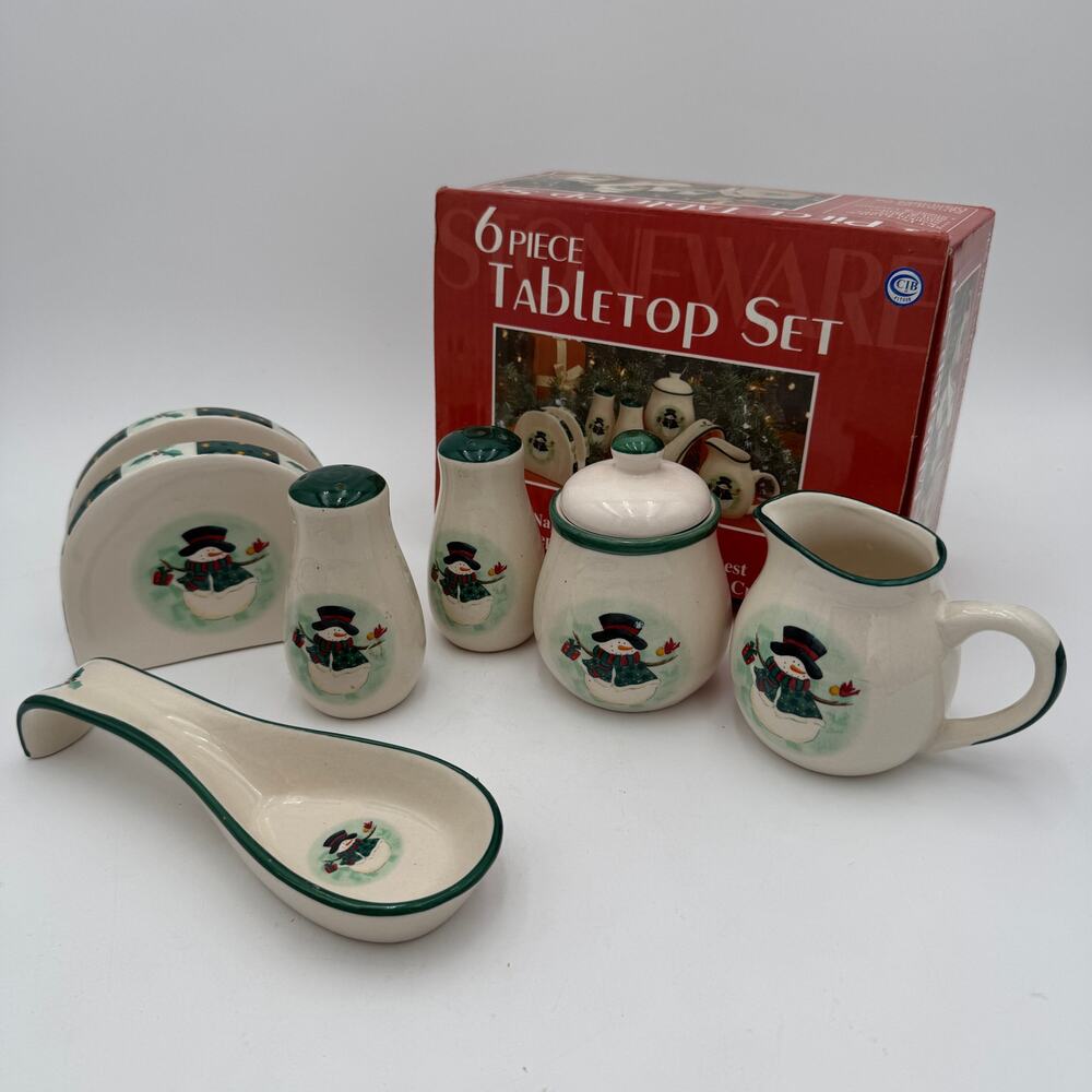 Vtg Stoneware Christmas Snowman Set 6 pc Napkin, S&P, Cream/Sugar, Spoon Rest